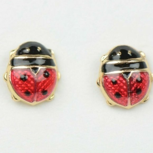 Solid 14k Yellow Gold Red and Black Enamel Ladybug Baby Screw Earrings Small - Picture 5 of 7